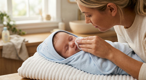 Parent nettoyant le visage de son nouveau-ne avec de l eau tiede et un coton