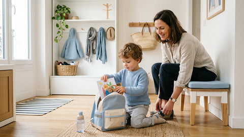 Maman et enfant préparent le sac "Luca" pour la maternelle, ambiance douce et lumineuse.