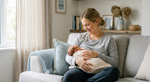 Jeune maman souriante allaitant son bébé enveloppé, assise confortablement sur un canapé clair.
