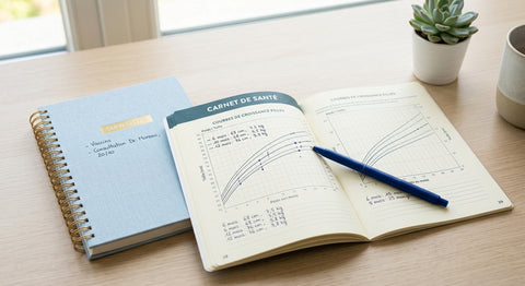 Carnet de sante ouvert sur la page des courbes de croissance avec un stylo