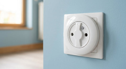Cache-prise rotatif installe sur une prise électrique murale française | Securidou