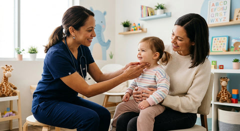 Pédiatre palpant doucement le cou d un bébé lors d un examen