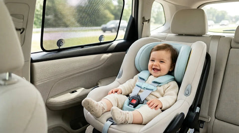 Bébé installé dans un siège auto avec pare-soleil sur la vitre arrière de la voiture | Securidou