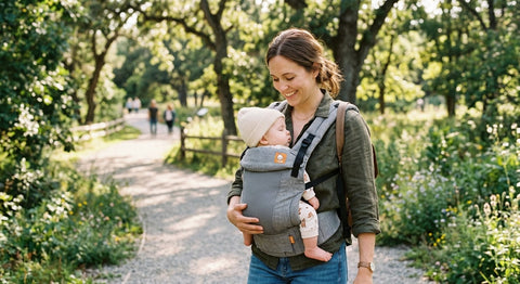 Mère souriante avec bébé endormi en porte-bébé, marchant sur un sentier boisé ensoleillé.