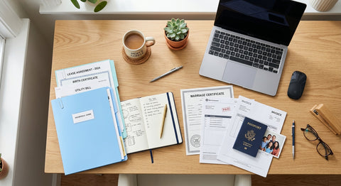 Documents administratifs sur un bureau en bois : passeport, acte de mariage, factures, dossier "ménage".