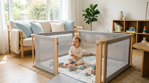 Bébé jouant en sécurité dans un parc bébé avec tapis de sol dans un salon lumineux | Securidou