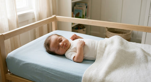Bébé endormi sur le dos en sécurité dans son lit a barreaux