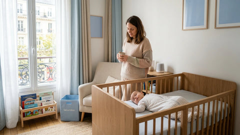 Mère avec café, bébé dormant paisiblement dans son lit, fenêtre ouverte, ambiance calme.