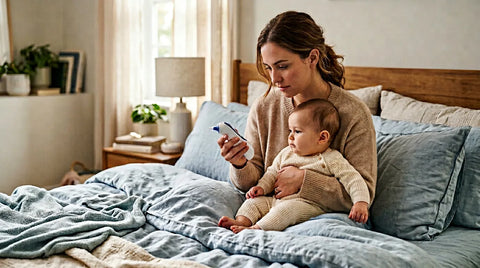 Parent prenant la température de son bébé avec un thermomètre auriculaire dans une chambre | Securidou