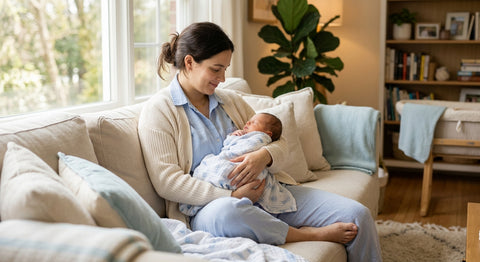 Jeune mère souriante et son nouveau-né endormi sur un canapé confortable à la maison.