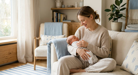 Jeune mère souriante berçant son nouveau-né, assise dans un salon lumineux et apaisant.
