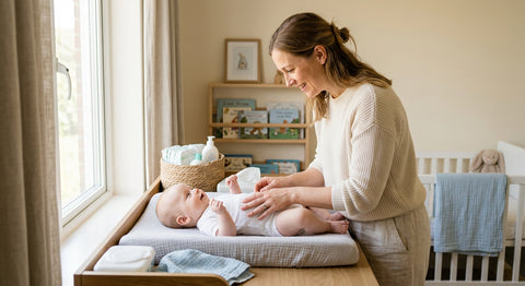 Parent gardant une main sur son bébé sur la table à langer pour éviter la chute — Securidou