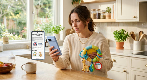 Parent consultant le site RappelConso sur un smartphone pour verifier un produit bébé