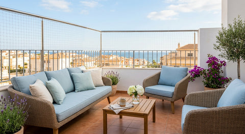 Terrasse avec filet de protection et garde-corps sécurisé pour bébé