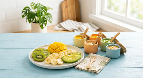 Assortiment de fruits exotiques coupes kiwi mangue banane pour bébé