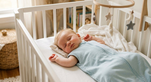 Bébé paisiblement endormi dans une gigoteuse bleu pastel