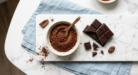 Petit pot de cacao en poudre pur et morceaux de chocolat noir posés sur une table