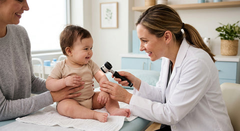 Dermatologue examinant la peau de bébé avec une loupe médicale