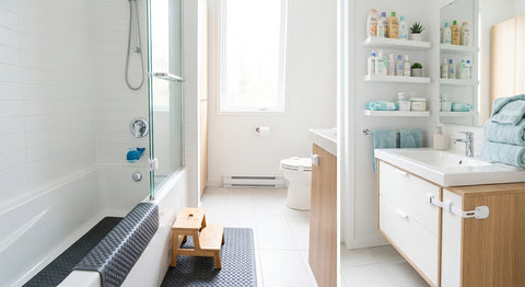 Salle de bain sécurisée avec tapis antidérapant et produits en hauteur