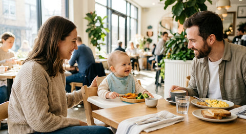Bébé assis dans une chaise haute de restaurant avec ses parents — Securidou