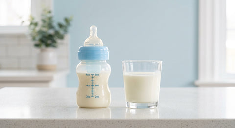 Biberon de lait et verre de lait de vache cote a cote pour comparaison