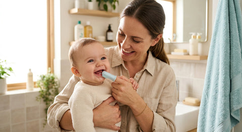Parent brossant les premières dents de son bébé avec une brosse à doigt en silicone