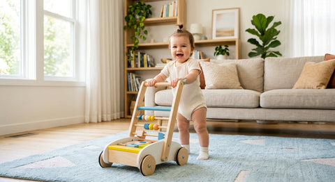 Bébé debout avec un chariot de marche en bois alternatif au youpala | Securidou