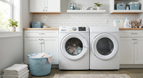 Lave-linge avec porte fermee et verrou sécurité enfant dans une buanderie