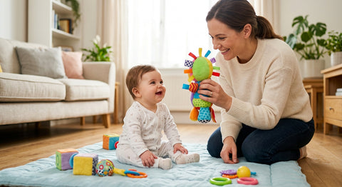 Bébé fixant un jouet coloré tenu face à lui pour évaluer l'alignement de ses yeux