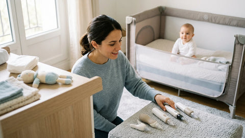 Maman souriante avec bébé dans son lit, comparant des mouche-bébés électriques sur un tapis.