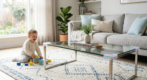 Protections angles transparentes installees sur une table basse en verre | Securidou