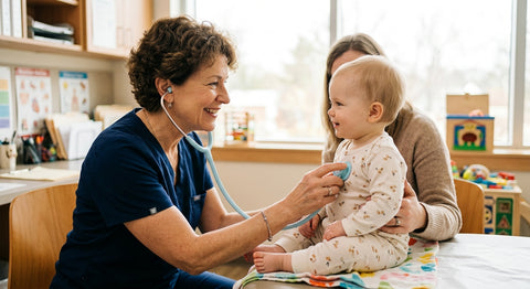 Pédiatre auscultant le coeur de bébé avec un stethoscope