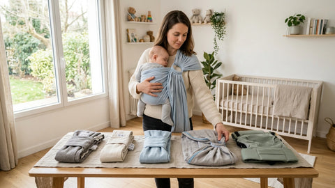 Maman porte bébé endormi en écharpe, comparant différents porte-bébés sur table en bois.