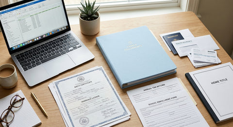 Documents administratifs variés sur une table en bois clair, avec ordinateur portable et tasse.