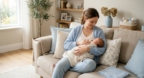 Jeune mère souriante allaite son bébé emmailloté sur un canapé beige, ambiance douce et lumineuse.