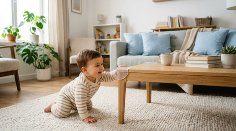Bébé rampant vers une table basse avec protège-coin en silicone transparent dans un salon lumineux aux coussin | Securidou