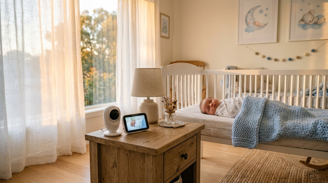 Babyphone caméra et babyphone audio comparés côte à côte sur une table de chevet près du berceau de bébé