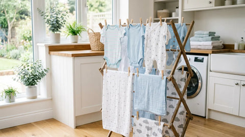 Linge de bébé fraichement lave sechant sur un etendoir dans une buanderie lumineuse | Securidou