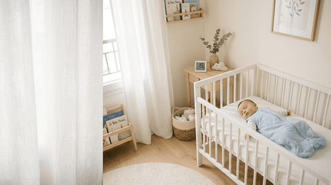 Chambre de bébé à 19°C avec nourrisson endormi en gigoteuse dans un lit à barreaux — guide température idéale | Securidou