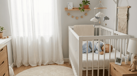 Bébé dort paisiblement dans son lit à barreaux, gigoteuse et thermomètre indiquant 19°C.