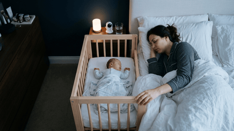 Mère endormie avec bébé dans un berceau cododo fixé au lit parental — alternative sûre au co-dodo | Securidou
