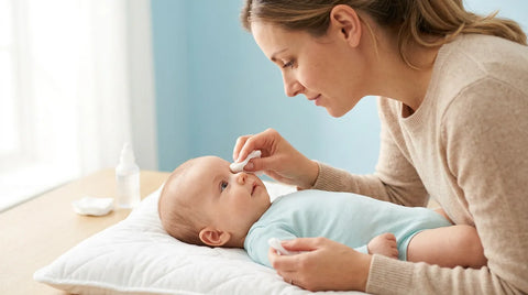 Parent nettoyant délicatement l'œil de son bébé avec une compresse et du sérum physiologique