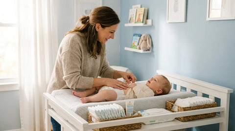 Parent changeant la couche de son bébé sur une table à langer sécurisée avec une main de maintien | Securidou