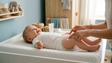 Mains de parent appliquant une crème protectrice lors du change de bébé sur une table à langer | Securidou
