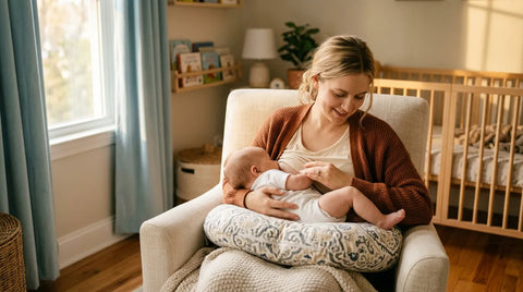 Mère allaitant son bébé confortablement installée dans un fauteuil avec un coussin d'allaitement | Securidou