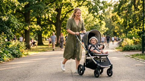 Mère promenant son bébé dans une poussette sécurisée avec harnais 5 points dans un parc | Securidou