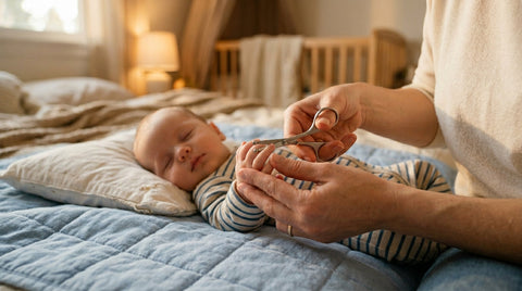 Mère coupant délicatement les ongles de son bébé endormi avec des ciseaux à bouts ronds
