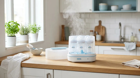 Stérilisateur électrique ouvert avec des biberons propres à l intérieur sur un plan de cuisine | Securidou