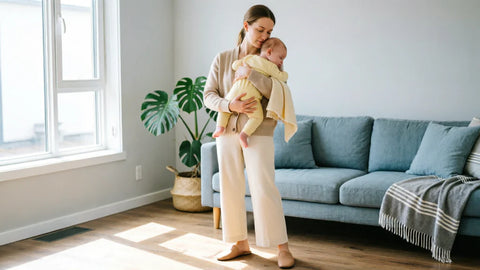 Bébé porté en position physiologique M dans un porte-bébé ergonomique par sa mère | Securidou