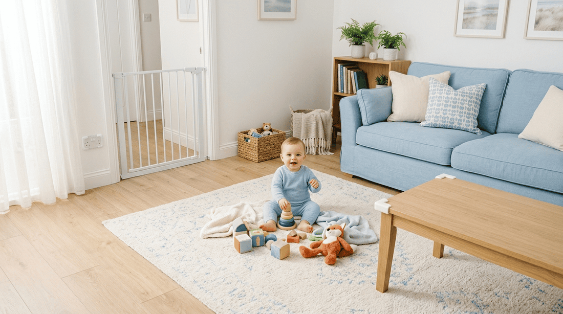 Salon sécurisé pour bébé avec cache-prises, protections | Securidou